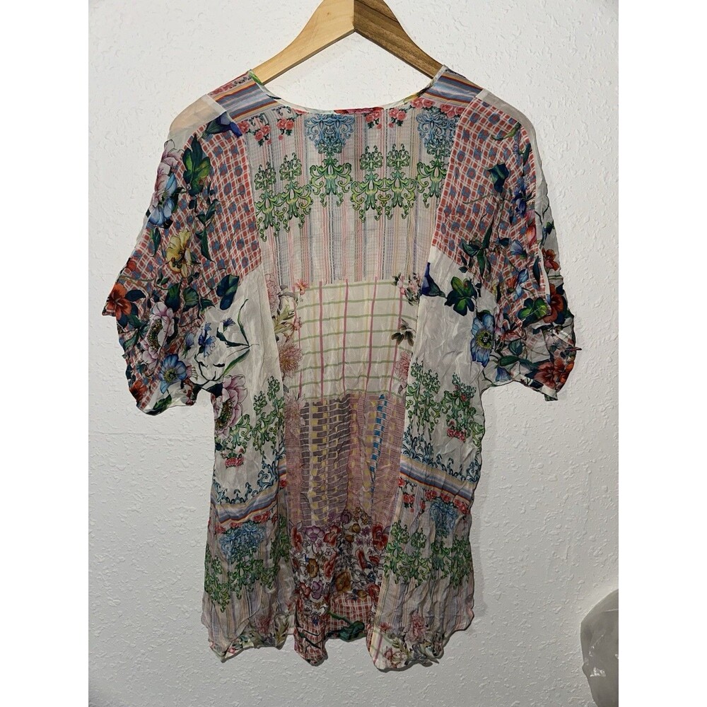 Johnny Was Light Pink White Floral Plaid Multicolor Zadie Satin Tassel Tunic Top - Picture 5 of 5